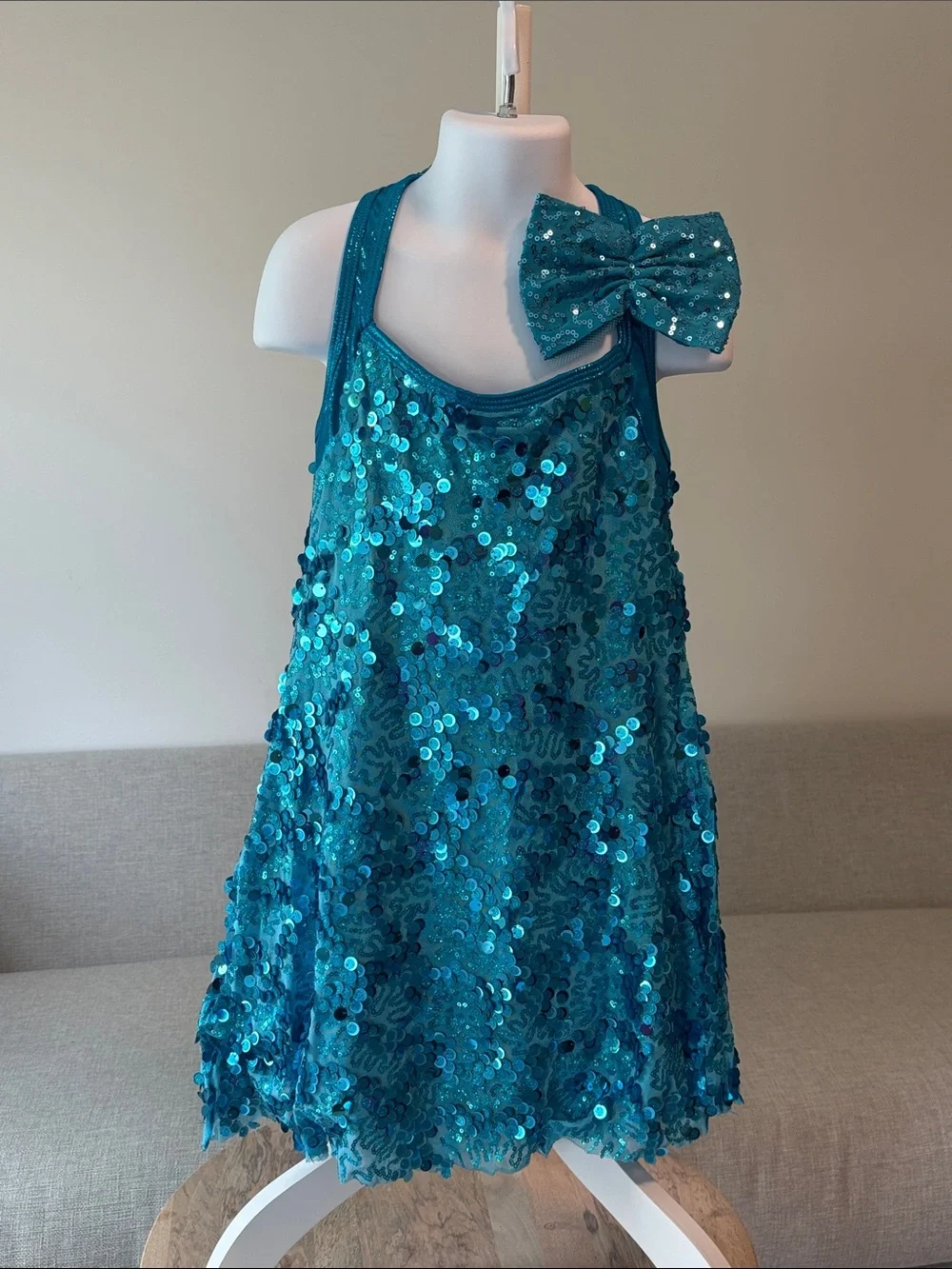 Girls Sparkling Blue Sequin Halter Dance Costume Dress with Bow Hair Clip